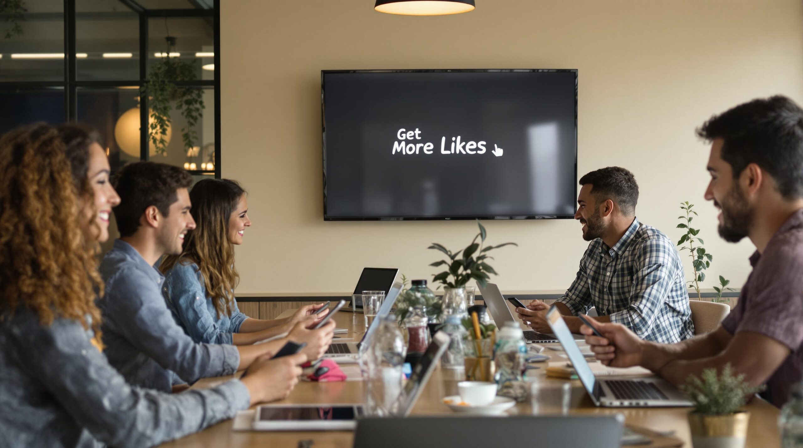 Young professionals react to notifications in a modern workspace with 'Get More Likes' on a digital monitor