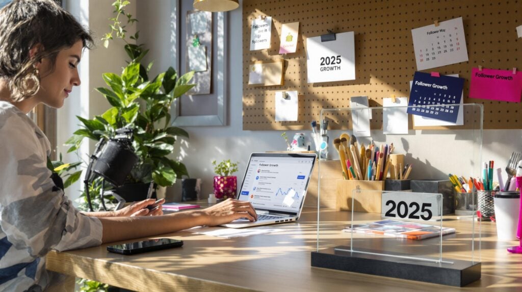 Social media creator tracks follower growth in bright modern workspace