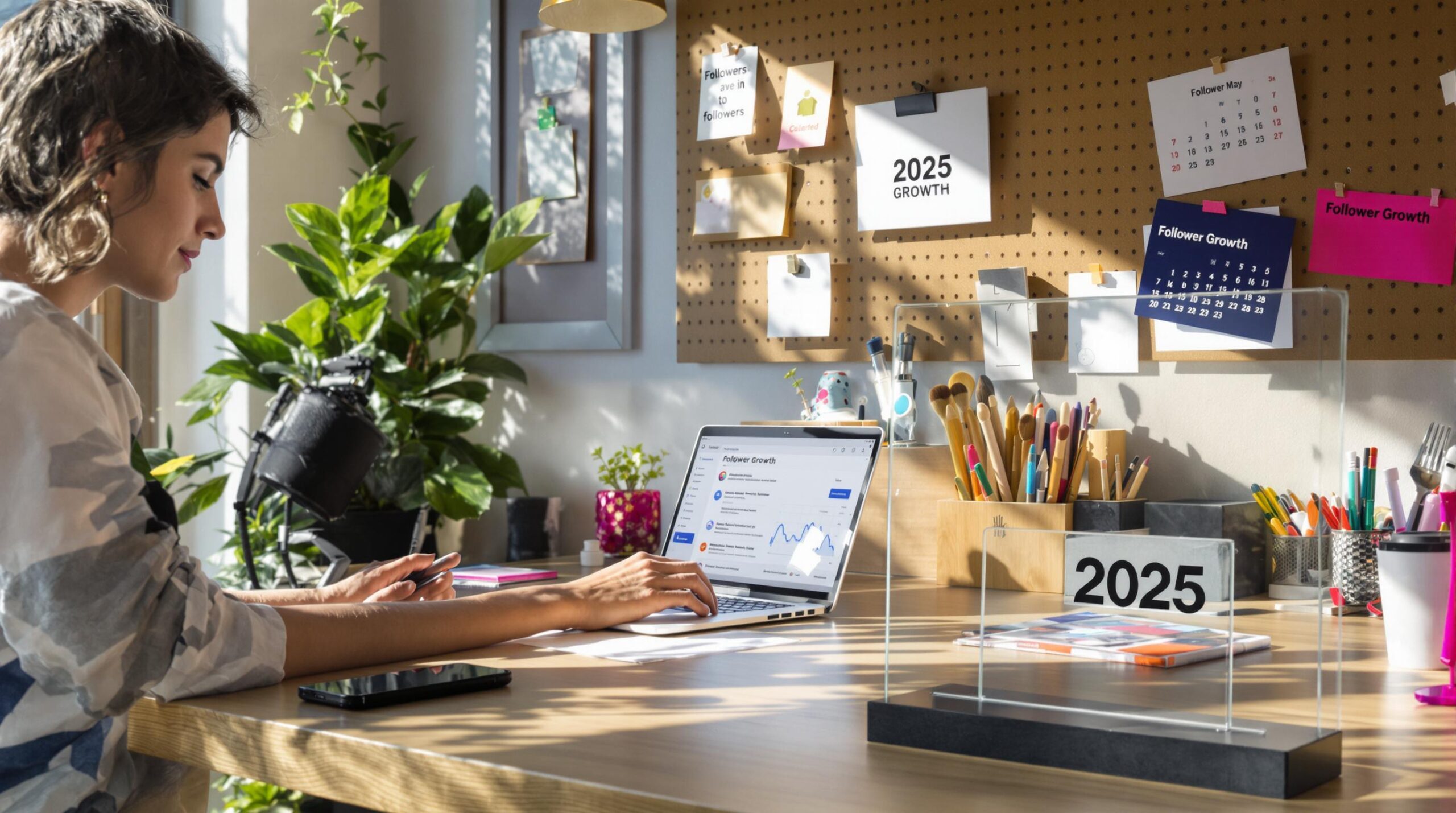 Social media creator tracks follower growth in bright modern workspace